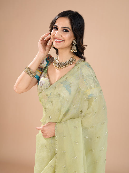 Pista Green Tissue Sequin Embroidered Saree