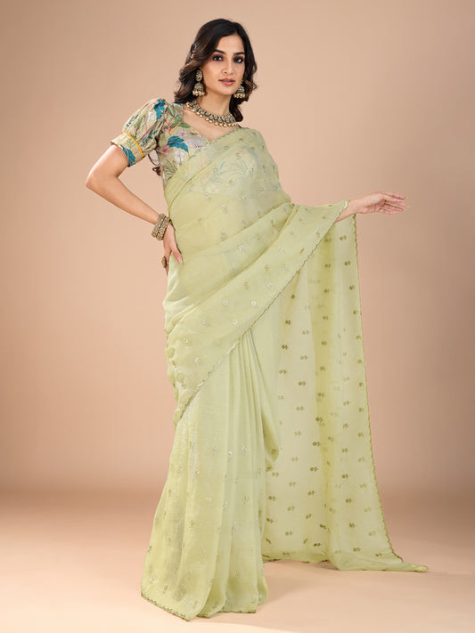 Pista Green Organza Sequin Embroidered Saree with Floral Printed Blouse
