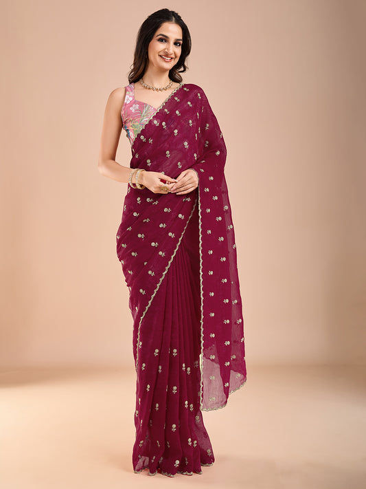 Maroon Polyester Embroidered Border Saree
