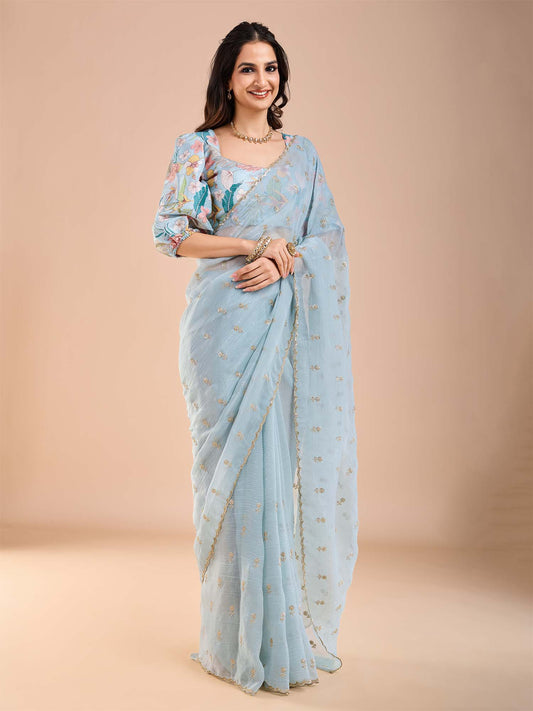Light Blue zari and Sequin Embroidery Scalloped Tissue Silk Saree