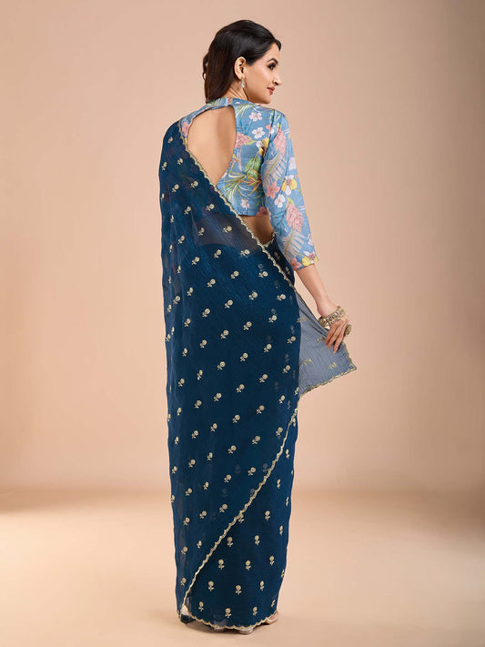 Teal Georgette Embroidered Saree with Floral Printed Blouse
