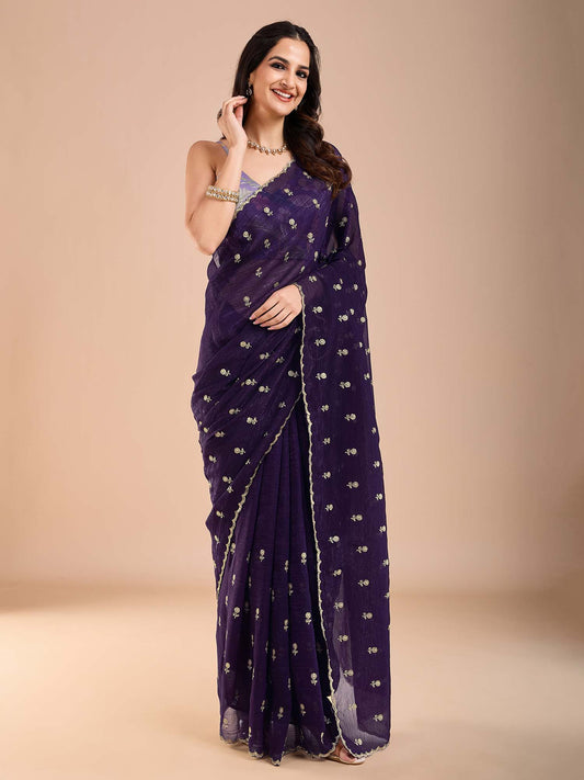 Violet Tissue Embroidery Saree