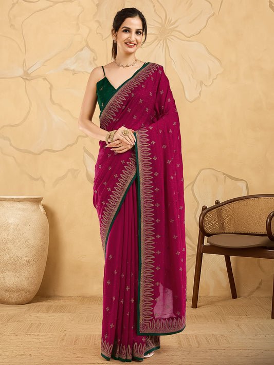 Embroidered Silk Blend Saree with Green Blouse