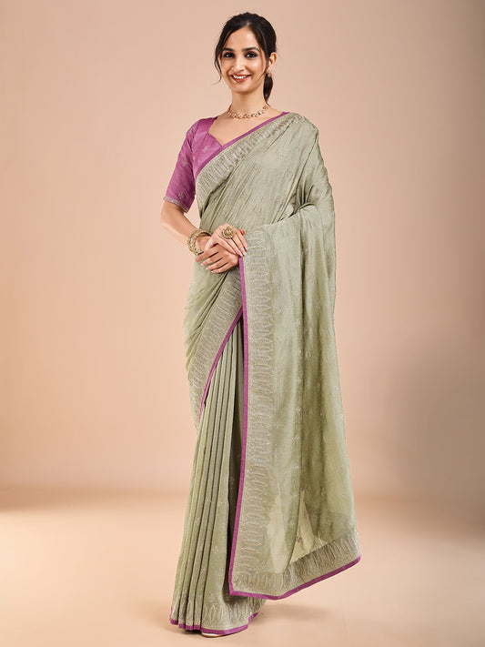 Sage Green Embroidered Silk Saree with Purple Blouse