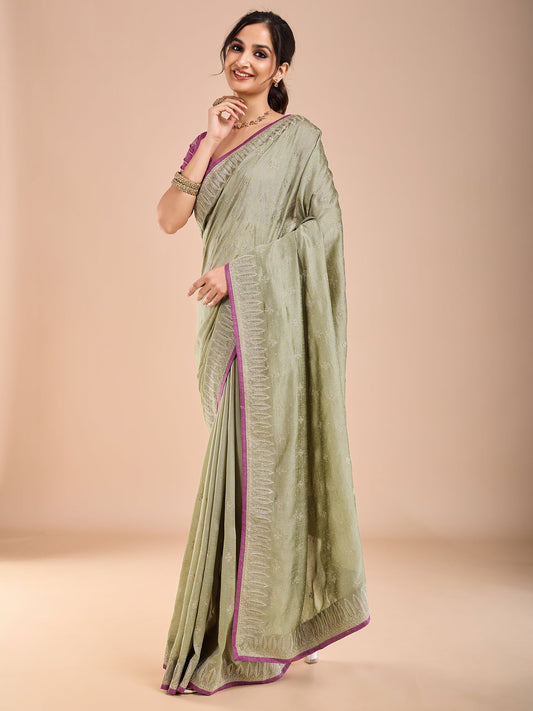 Sage Green Embroidered Silk Saree with Purple Blouse