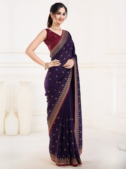 Violet Polyester Embroidered Border Saree