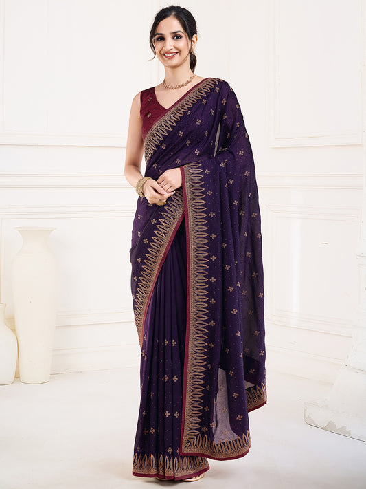 Violet Polyester Embroidered Border Saree