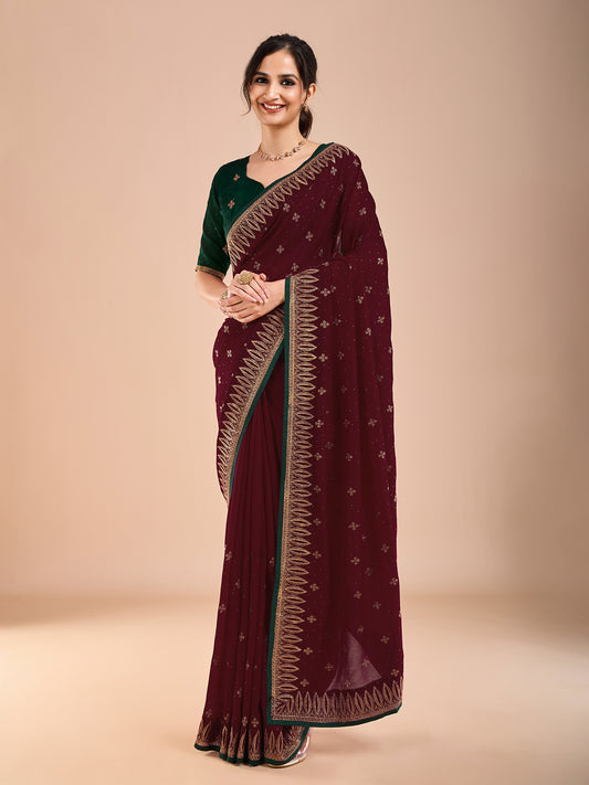 Embroidered Georgette Saree | Wine & Green