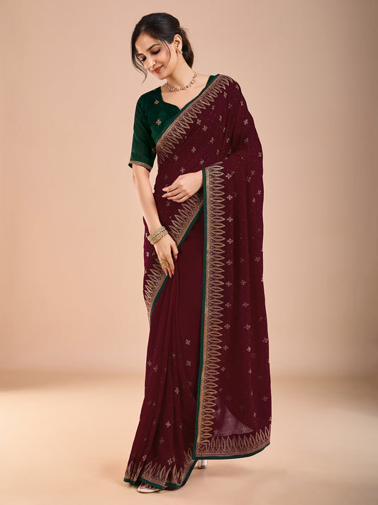 Embroidered Georgette Saree | Wine & Green