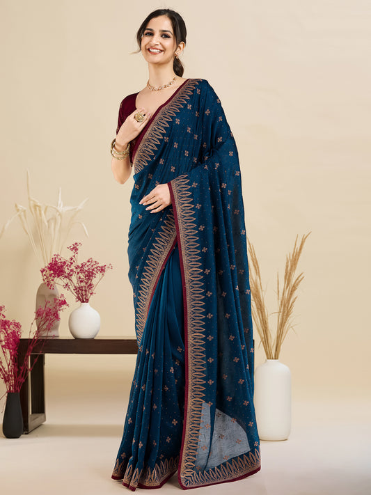 Rani Teal Embroidered Georgette Saree with Stitched Blouse