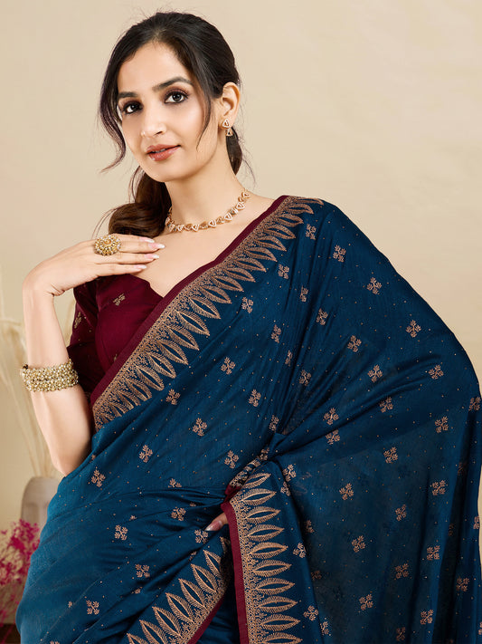 Rani Teal Embroidered Georgette Saree