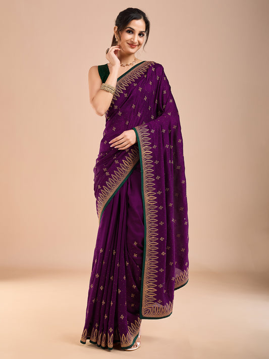 Purple Polyester Embroidery Zari Work Saree