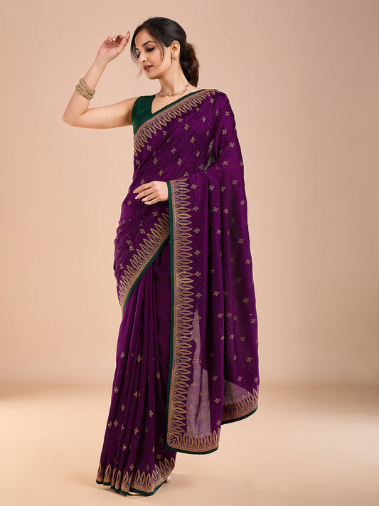 Purple Polyester Embroidery Zari Work Saree