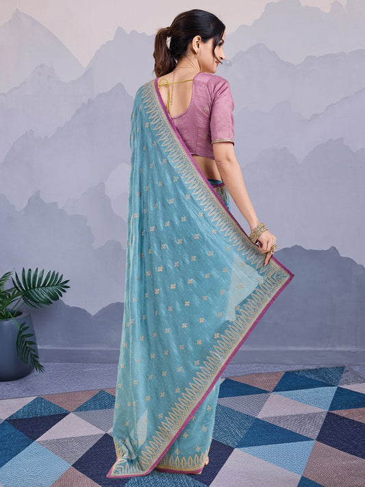 Dusty Blue Vichitra Silk Saree
