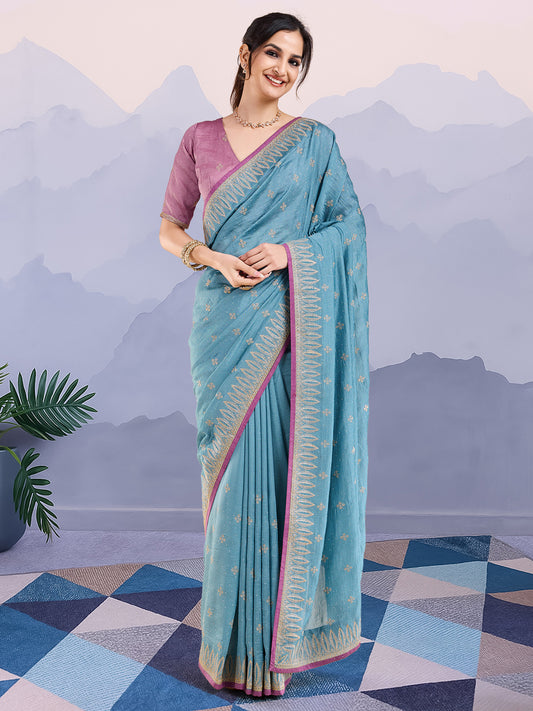 Dusty Blue Vichitra Silk Saree