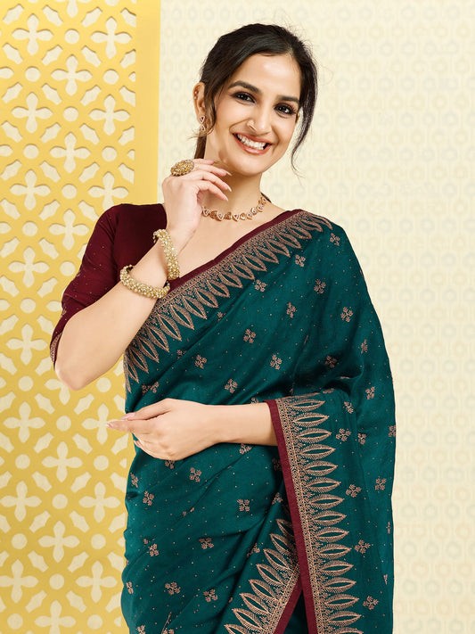 Teal Embroidered Georgette Saree