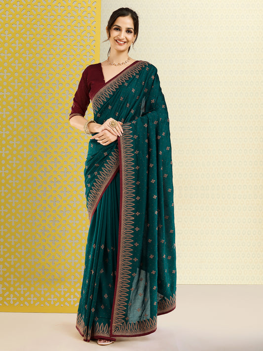 Teal Embroidered Georgette Saree with Maroon Blouse