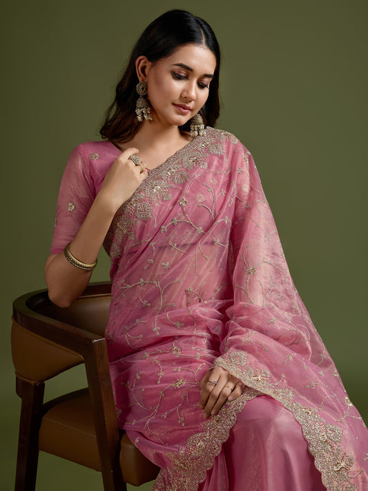 Metallic Pink Super Net Embroidered Saree