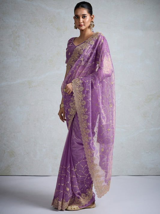 Lavender Organza Embroidered Saree with Gold Zari Border
