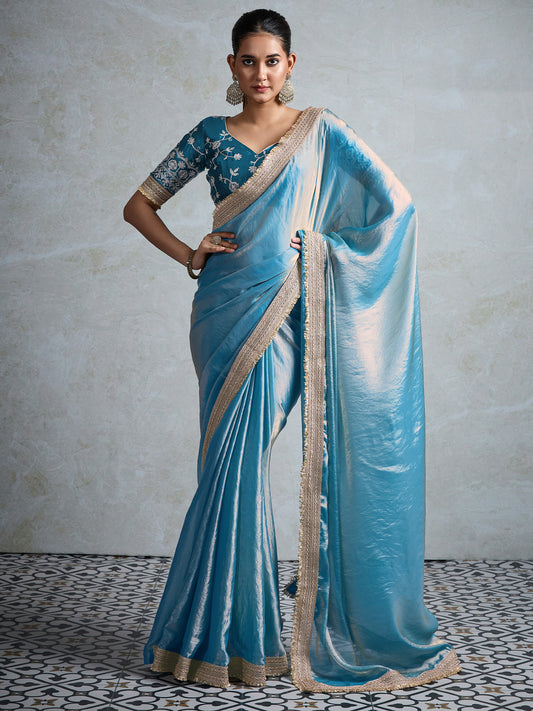 Sky Blue Tissue Silk Gota Patti Zari Silk Blend Embroidered Border Blouse