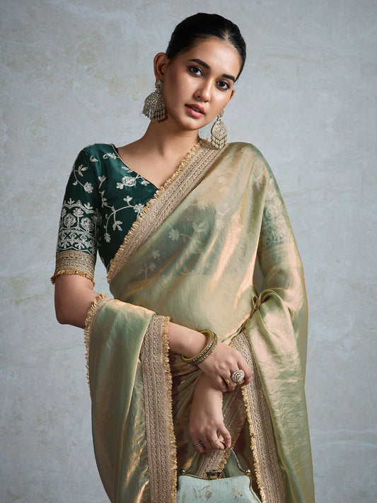 Pista Green Silk Blend Embroidered Border Saree