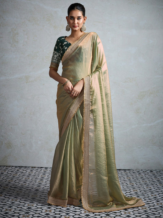 Pista Green Silk Blend Embroidered Border Saree