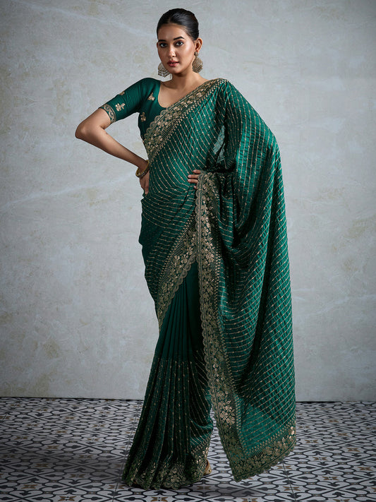 Emerald Green Silk Blend Embroidered Saree