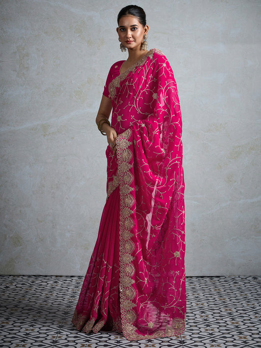 Embroidery Polyester Saree with Scalloped Border