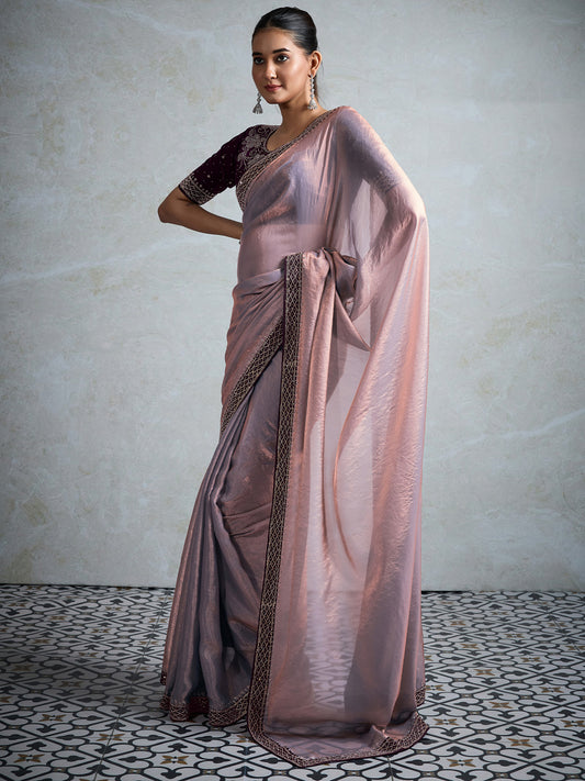 Lilac & Lavender Shimmer Satin Organza Embroidered Border  Wine Contrast Blouse Saree