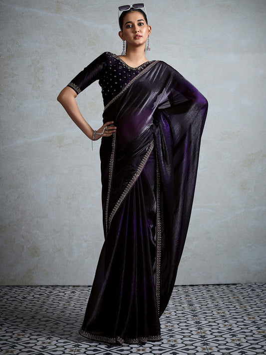 Violet Polyester Shimmer Finish Embroidered Border saree