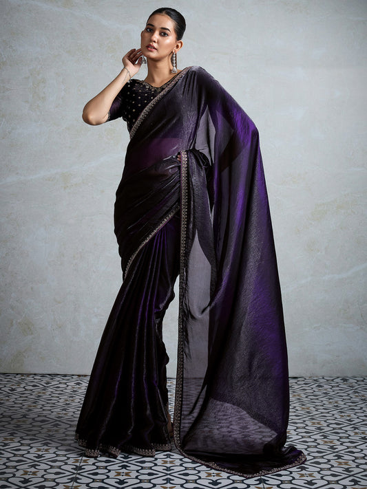 Violet Polyester Shimmer Finish Embroidered Border saree