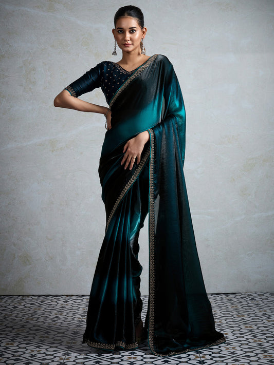 Teal & Black Polyester Ombre Dyed Embroidered Border Saree
