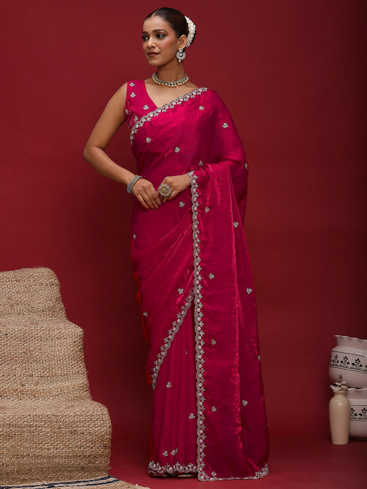Embellished Beads and Stones Satin Saree