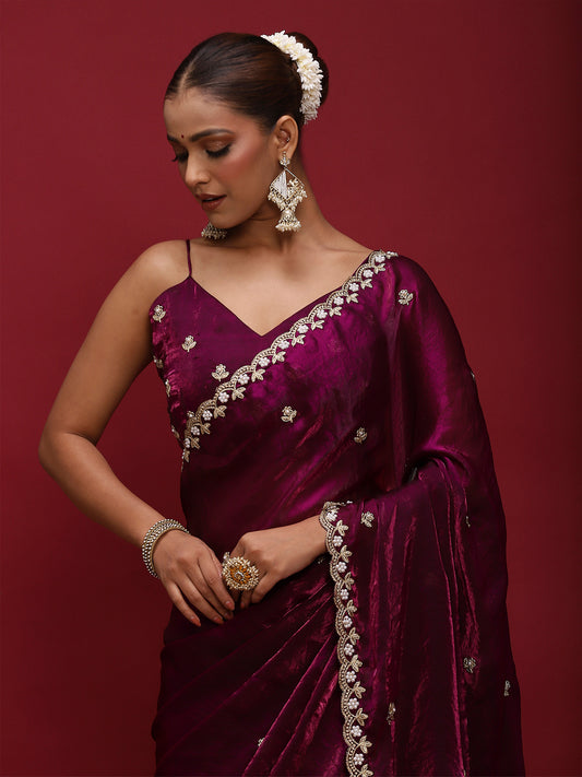 Embellished Zari Satin Saree With Blouse