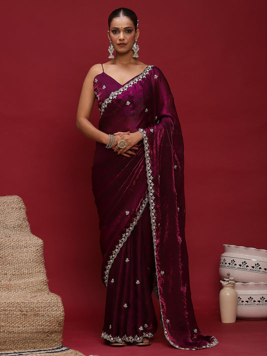 Embellished Zari Satin Saree With Blouse