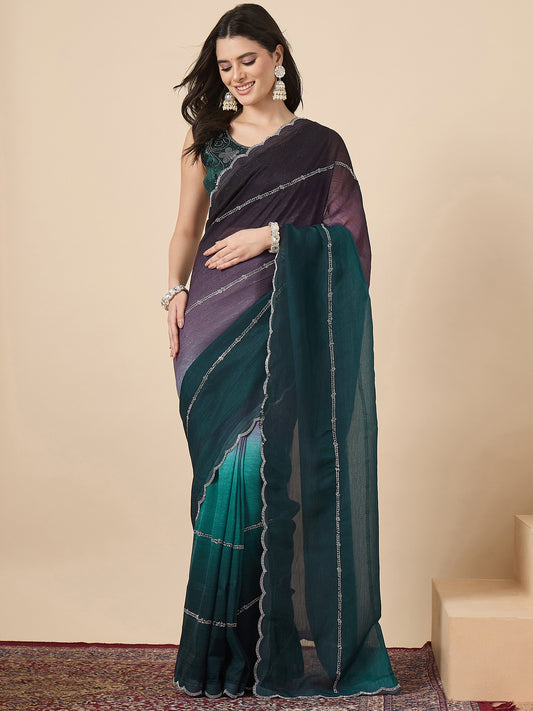 Ombre Organza Saree with Swarovski Scallop Border | Purple to Teal