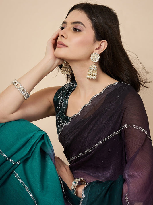 Ombre Organza Saree with Swarovski Scallop Border | Purple to Teal