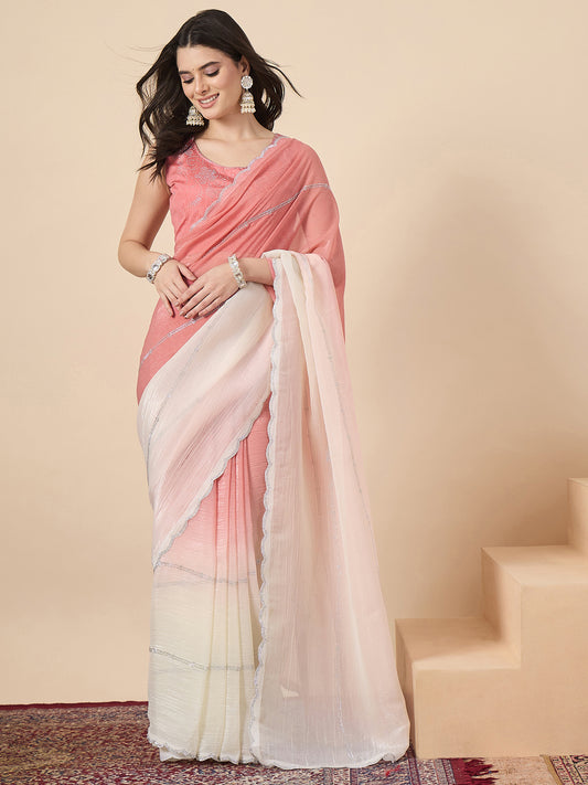 Rani Pink Ombre Organza Saree with Stone Work