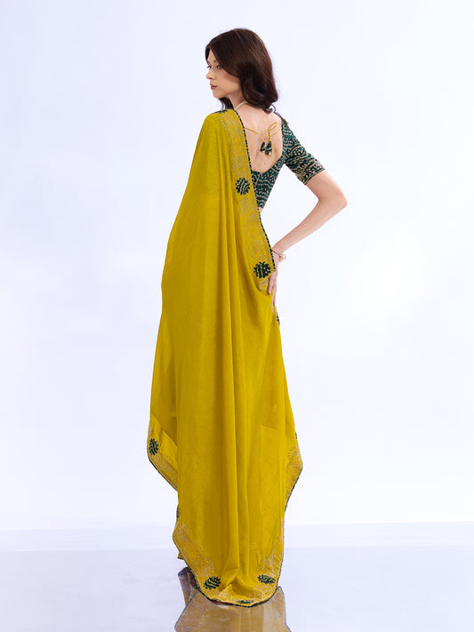 Mustard Yellow Georgette Saree with Bandhani Blouse