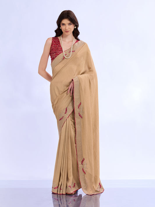 Beige Georgette Saree with Bandhani Blouse