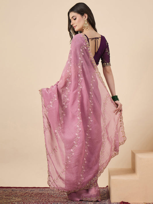 Rani Pink Organza Embroidered Saree with Blouse