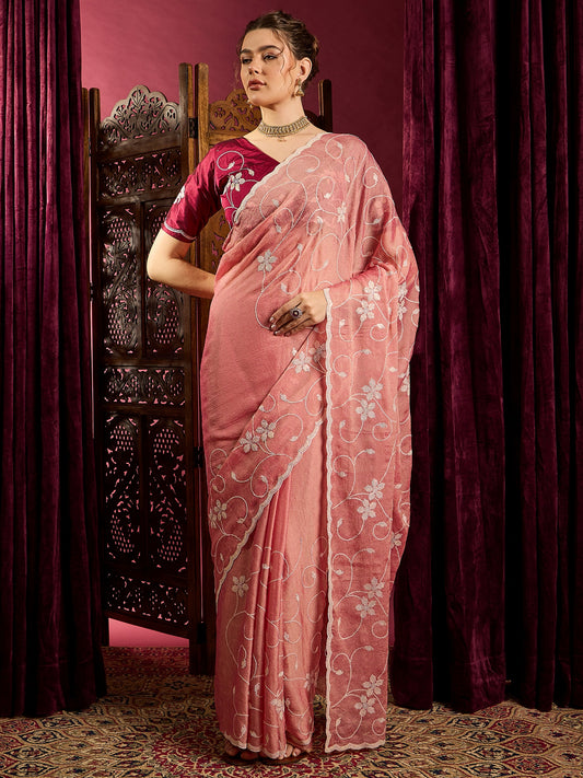 Peach pink Chiffon Embroidered Saree