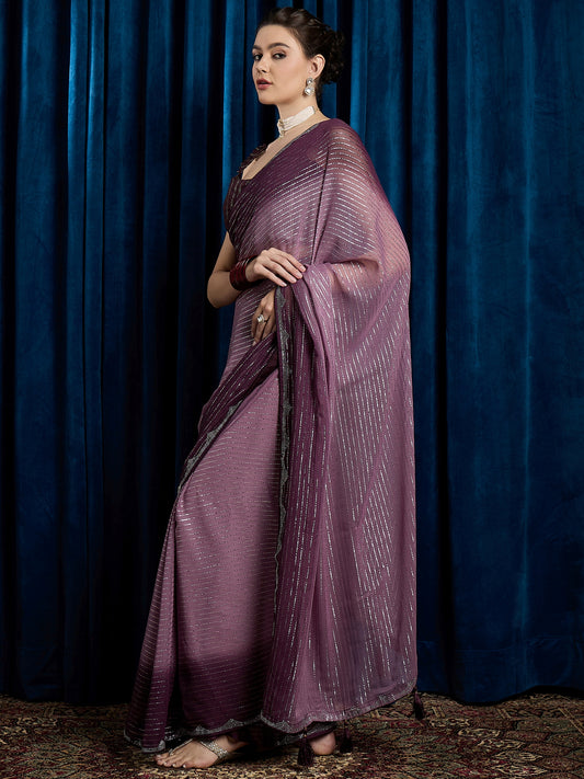 Violet Polyester Sequin Embroidered Modern Aesthetic Saree