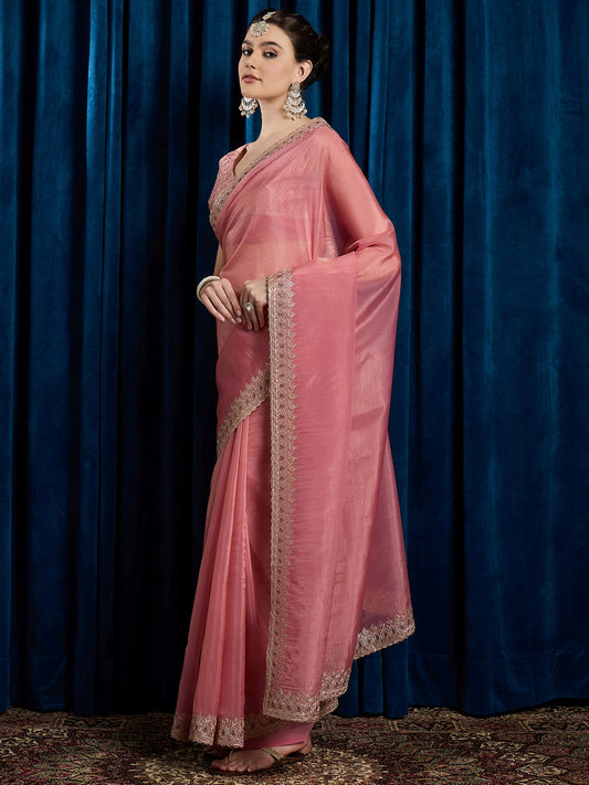 Light Pink Paper Silk Embroidered Border Saree