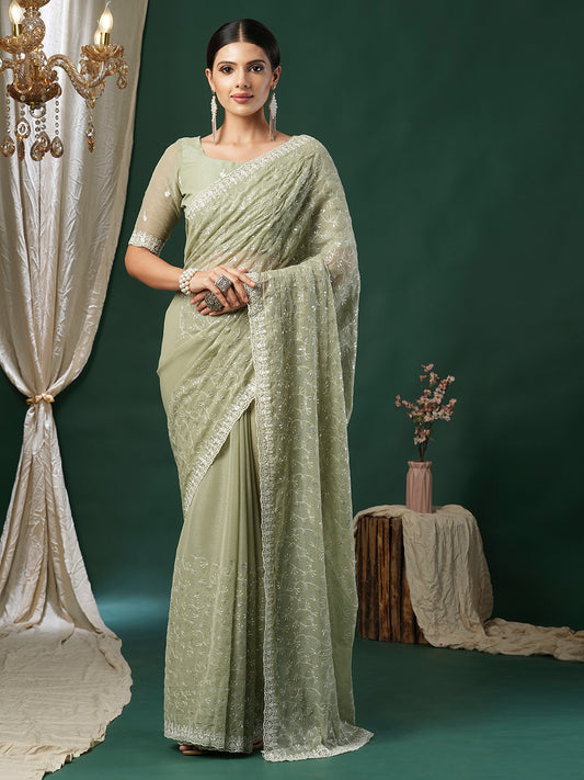 Pista Green Polyester Sequin Embroidery Saree