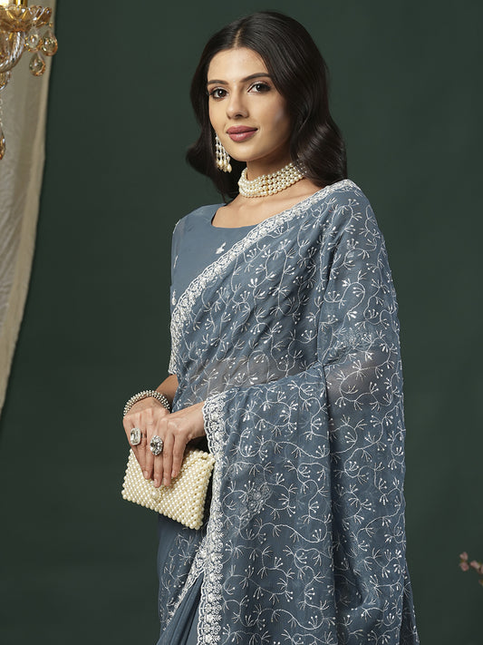Steel Blue Organza Embroidered Saree with Sequin Border