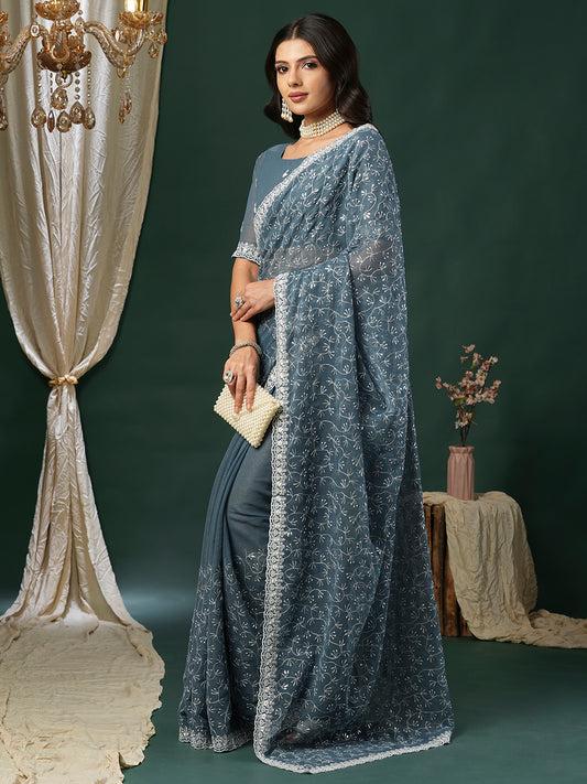 Steel Blue Organza Embroidered Saree with Sequin Border