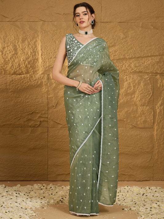 Ethnic Motif Sea Green Embroidered Saree