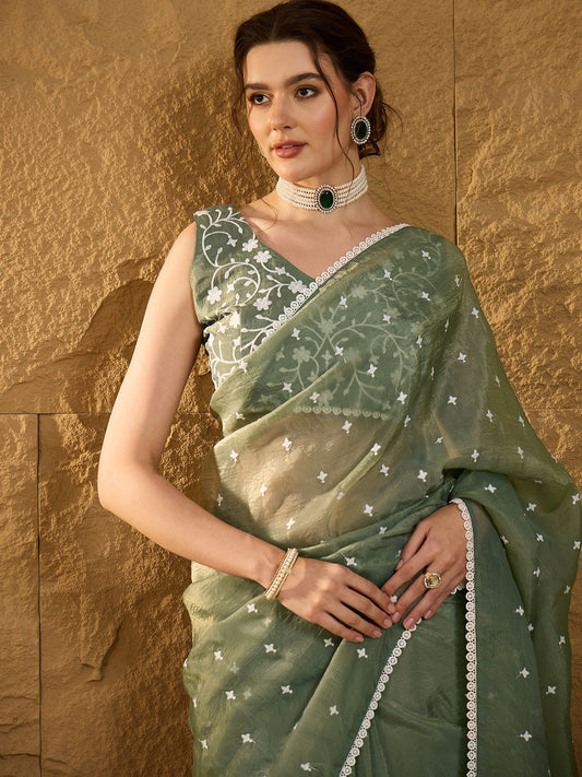Ethnic Motif Sea Green Embroidered Saree