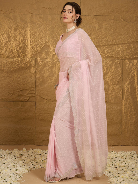 Blush Pink Georgette Sequin Embroidery Saree